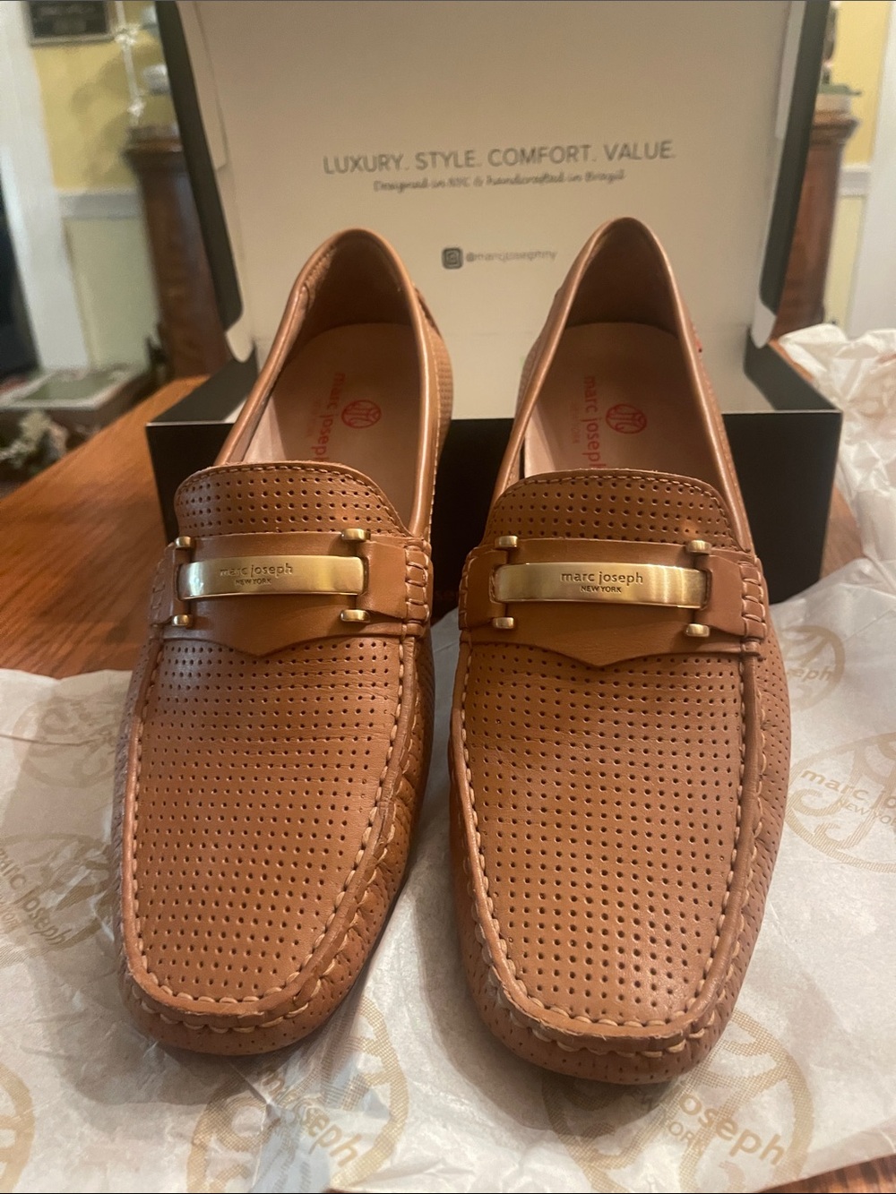 Luxury Marc Joseph Brown Perforated Leather Slip-On Loafers with Gold Hardware